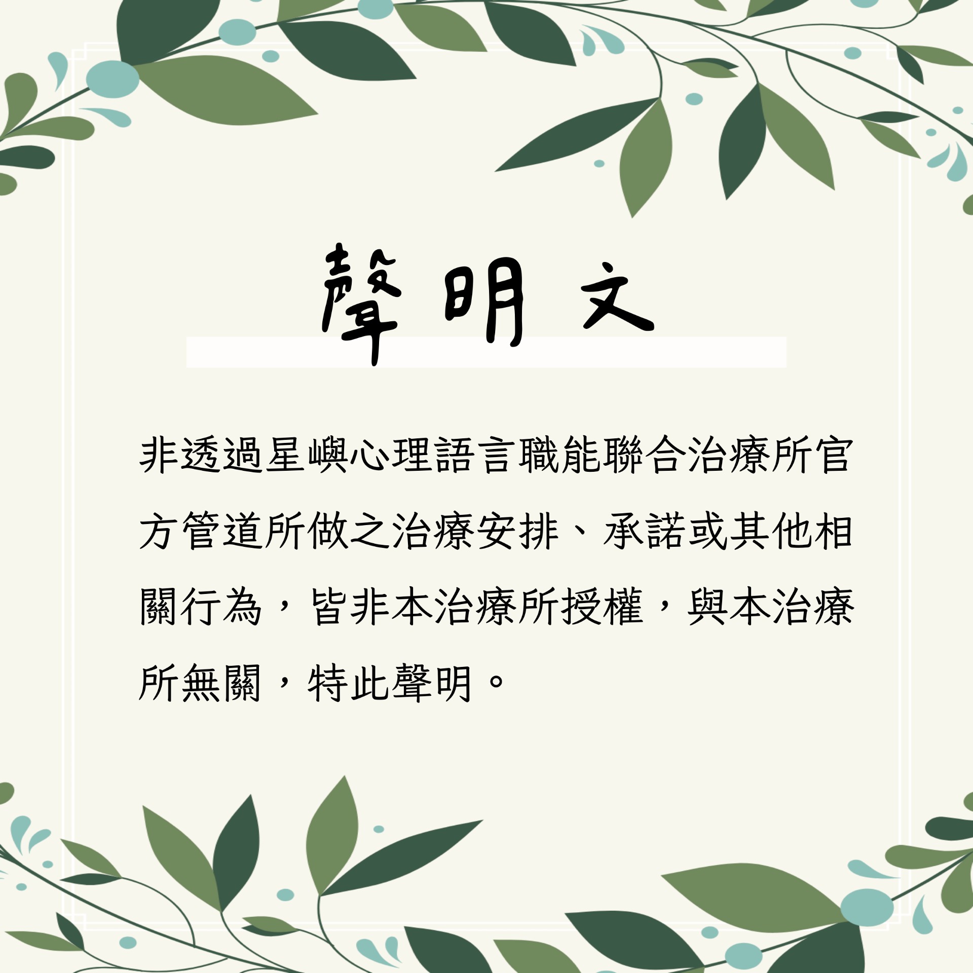 星嶼聯合治療所對治療安排方式的聲明。指出治療師個人安排與治療所無關。